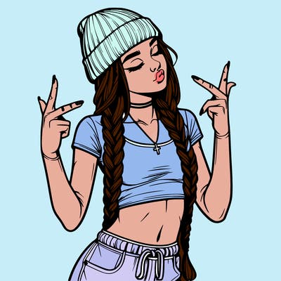 realistic teenage girl with braids and a beanie and crop top doing 🫶🏼