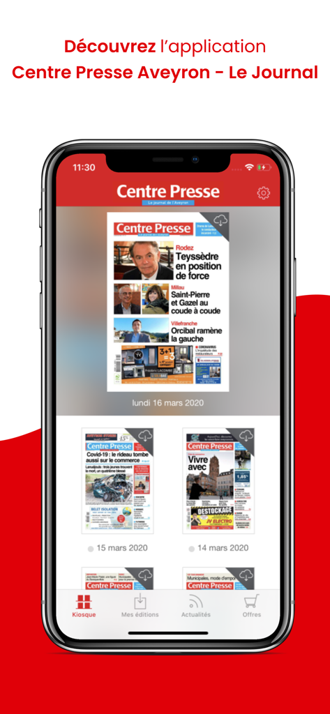 Centre Presse Le Journal - iPhone screen showing the kiosk section of the Centre Presse Aveyron digital newspaper app with various daily editions