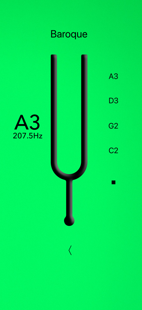Cello Tuner Basic app screen showing Baroque tuning mode with a tuning fork icon and A3 note frequency at 207.5 Hz.