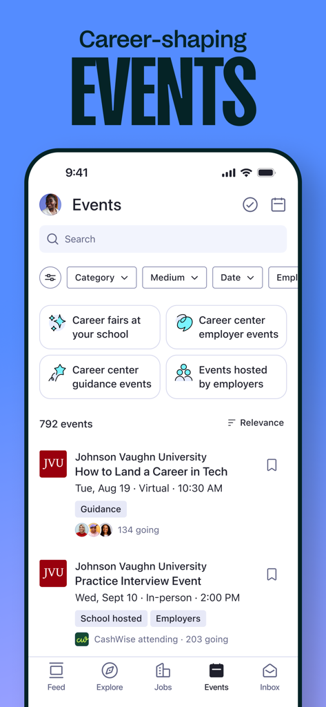 Handshake Jobs & New Careers - Handshake app interface showing a list of career-shaping events, workshops, and university career fairs.