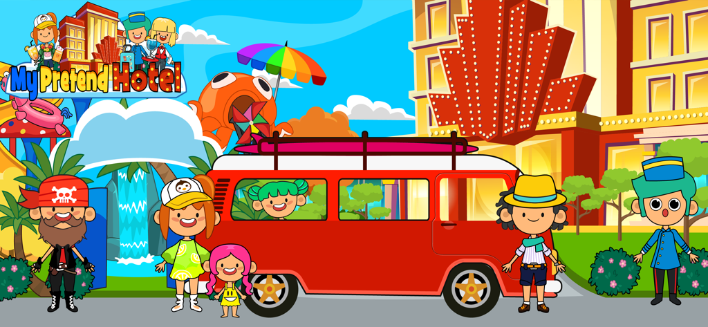 Cartoon characters and a red van in front of a luxury pretend hotel and waterpark