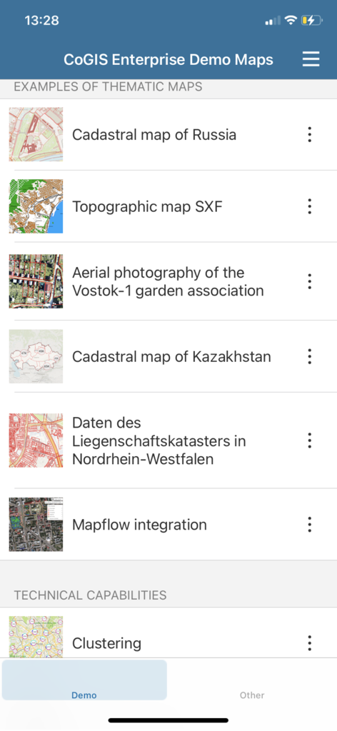 CoGIS Mobile - CoGIS Mobile app interface showing a list of thematic and topographic demo maps for professional GIS use