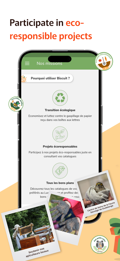 Biscuit - Pantalla móvil de la aplicación Biscuit mostrando misiones ecológicas y proyectos comunitarios