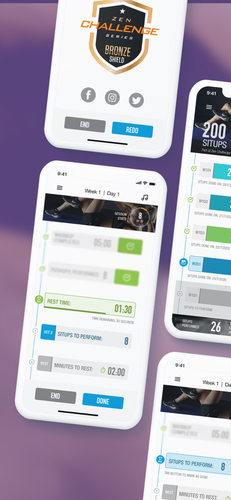 Screenshots of the 0-200 Situps Trainer Challenge app showing training sessions, progress logs, and earned badges.