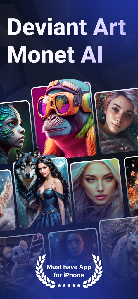 Deviant Art - Monet AI - Una colección de arte generado por IA que incluye retratos de personajes, animales y criaturas místicas de la aplicación Deviant Art Monet AI