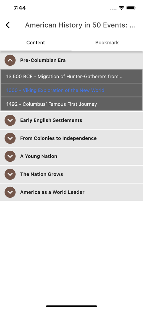 AI Read Aloud Text To Speech - Table of contents screen in the AI Read Aloud app showing chapters of an American History ebook.