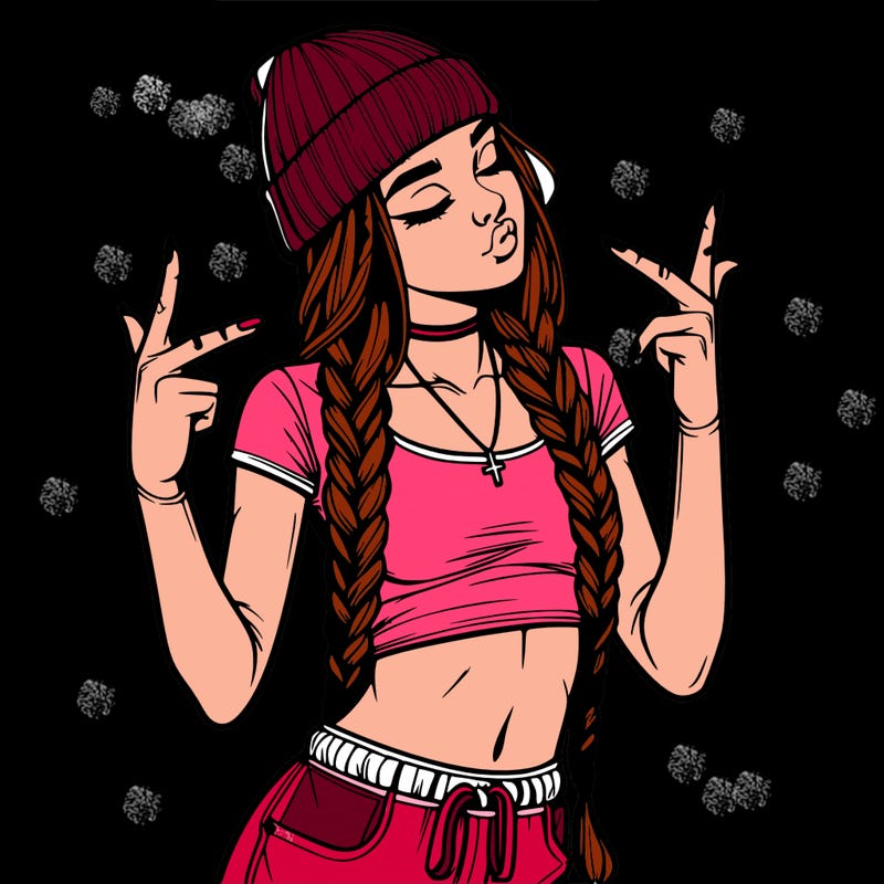 realistic teenage girl with braids and a beanie and crop top doing 🫶🏼