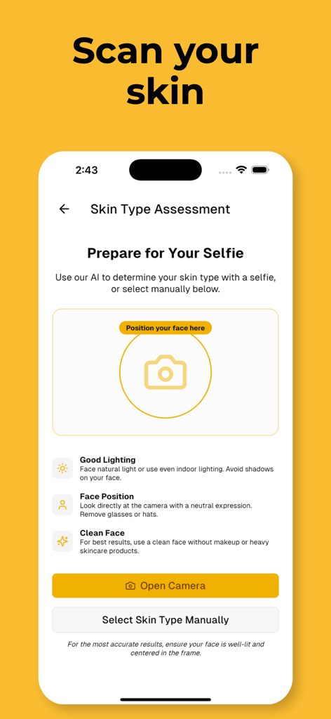 UV Tan: Tanning & Sun Tracker - UV Tan app screen showing the skin type assessment interface for scanning your face