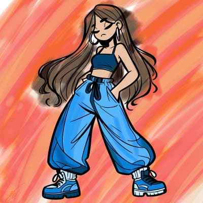 girl in baggy pants crop top and long hair