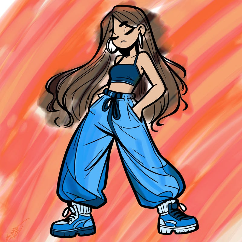 girl in baggy pants crop top and long hair