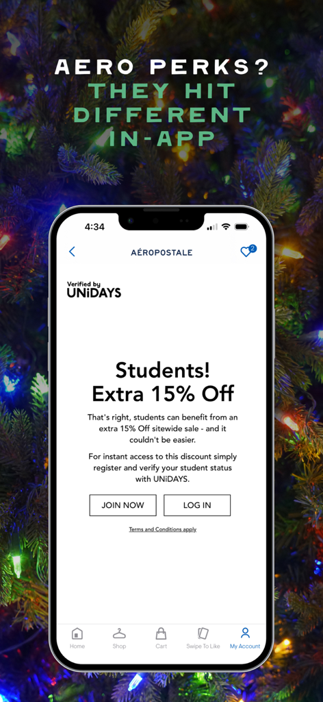 Aeropostale app screen showing an extra 15 percent student discount offer with UNiDAYS verification.