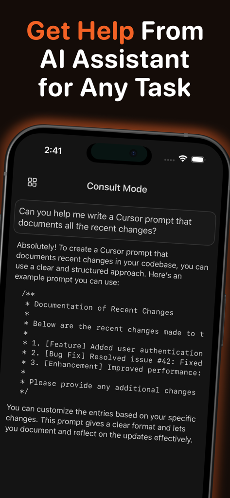 Cursor AI Mobile app interface showing the AI assistant in Consult Mode providing code documentation help