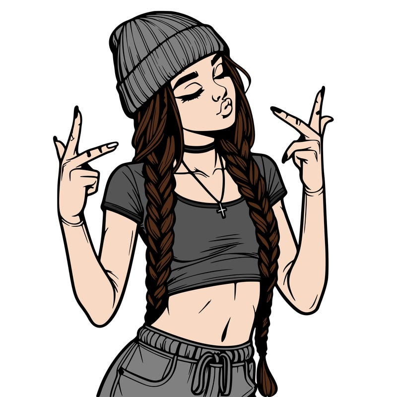 realistic teenage girl with braids and a beanie and crop top doing 🫶🏼