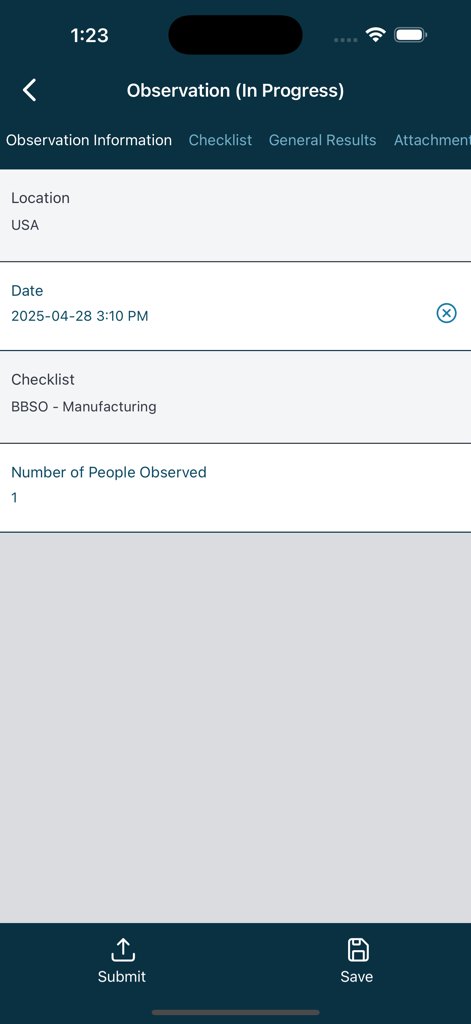 VelocityEHS® - 場所と日付のフィールドが表示された安全観察フォームのVelocityEHSアプリのスクリーンショット。