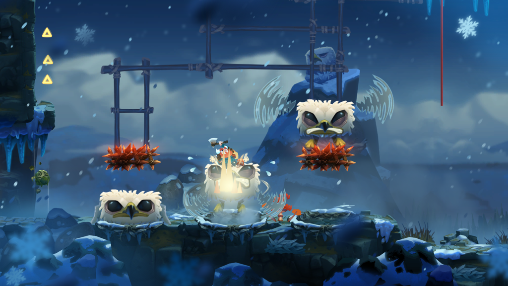 Oddmar - Viking character Oddmar jumping in a snowy mountain level with owl-like enemies.