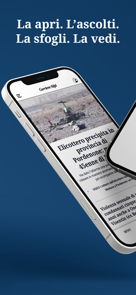 Smartphone mostrando artículos de noticias locales en la aplicación móvil Corriere delle Alpi