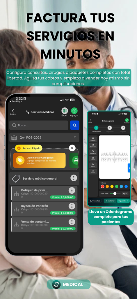 Medicals - Interfaz de la aplicación Medicals que muestra la facturación de servicios médicos y un odontograma digital para la gestión de pacientes.