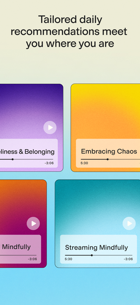 Interfaz de la aplicación Meditación Más Feliz que muestra recomendaciones de meditación personalizadas como Abrazando el Caos y Meditación Fluida.