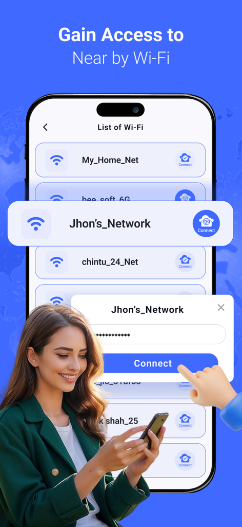 Interface do aplicativo Senha do Wi-Fi exibindo uma lista de redes Wi-Fi próximas disponíveis