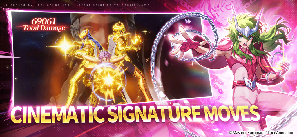 Andromeda Shun and Gold Saints performing cinematic signature moves in Saint Seiya EX