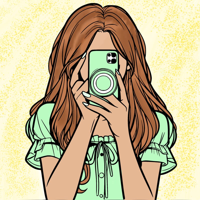 a realistic girl holding her phone taking pictures