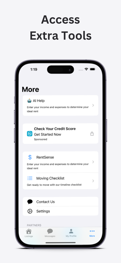Roomie mobile app screen showing rental tools including an AI rent calculator and moving checklist