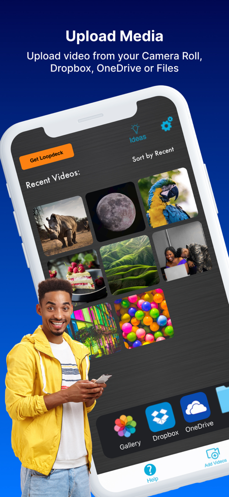 Loopideo Pro - Loop Videos - Interfaz de la aplicación Loopideo Pro mostrando opciones de carga de vídeo desde el Rollo de la Cámara, Dropbox y OneDrive