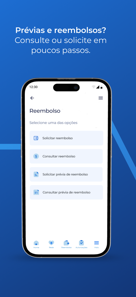 Care Plus - Care Plus app interface showing health insurance reimbursement and estimate options in Portuguese.