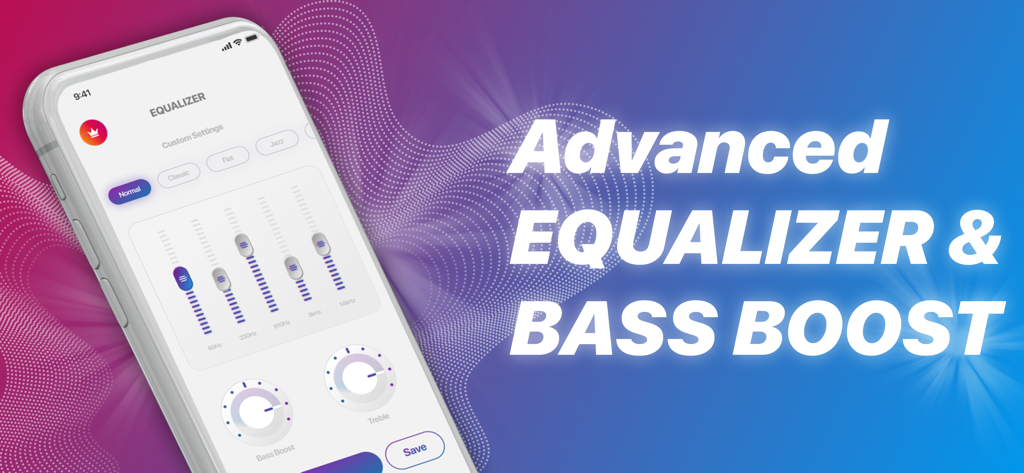 A smartphone displaying the Equalizer and Bass Booster FX app interface with audio frequency sliders and bass boost controls