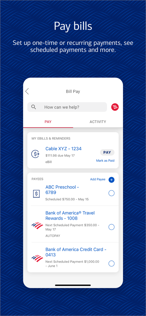 Bank of America mobile banking app bill pay interface showing scheduled payments and reminders
