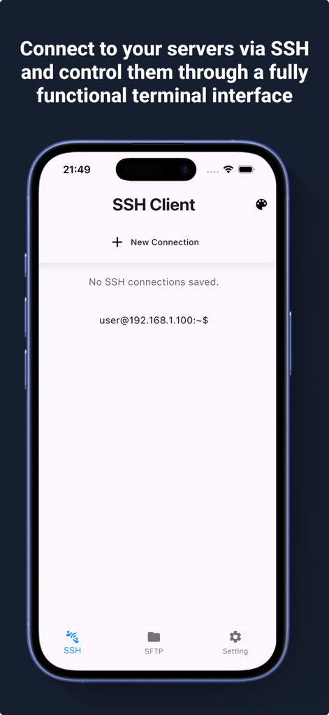 Schermata principale dell'app SSH Terminal che mostra le opzioni di connessione del server e l'interfaccia della riga di comando