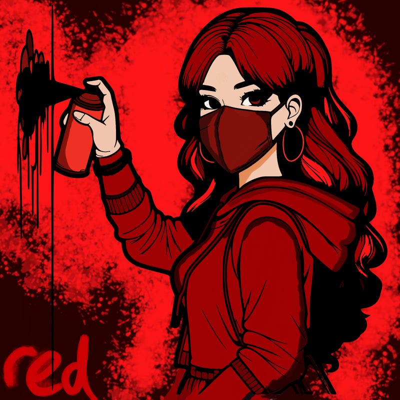 realistic girl with mask spray painting a wall