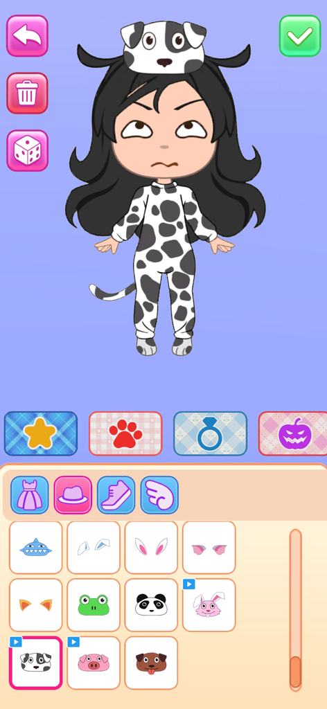 Doll Dress Up: Games for Girls - A chibi doll character wearing a dalmatian onesie in a mobile dress up game interface with animal accessory options