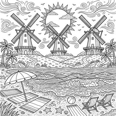 Capture the essence of a perfect summer day with this enchanting coloring page. Featuring majestic coastal windmills overlooking a vibrant beach scene, it invites you to relax and color your worries away.