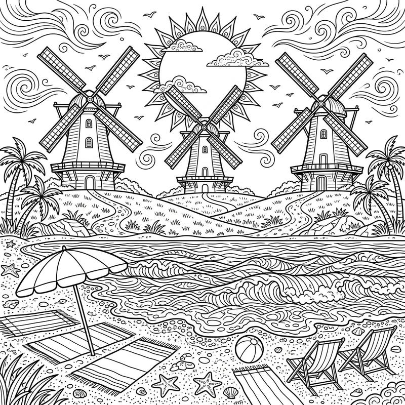 Capture the essence of a perfect summer day with this enchanting coloring page. Featuring majestic coastal windmills overlooking a vibrant beach scene, it invites you to relax and color your worries away.