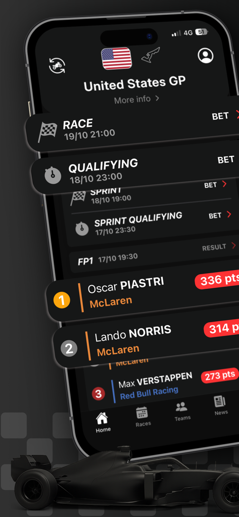 BERACE - Racing Predictions - Interfaz de la aplicación BERACE que muestra predicciones de carreras del Gran Premio de Estados Unidos y tabla de clasificación