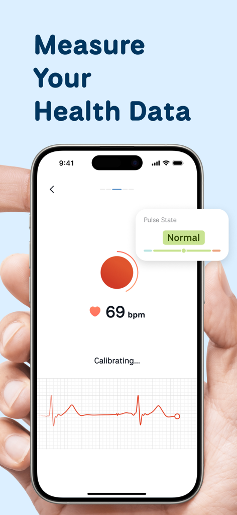 WellMe 웰니스 앱에서 심박수 측정 및 맥박 상태를 표시하는 스마트폰