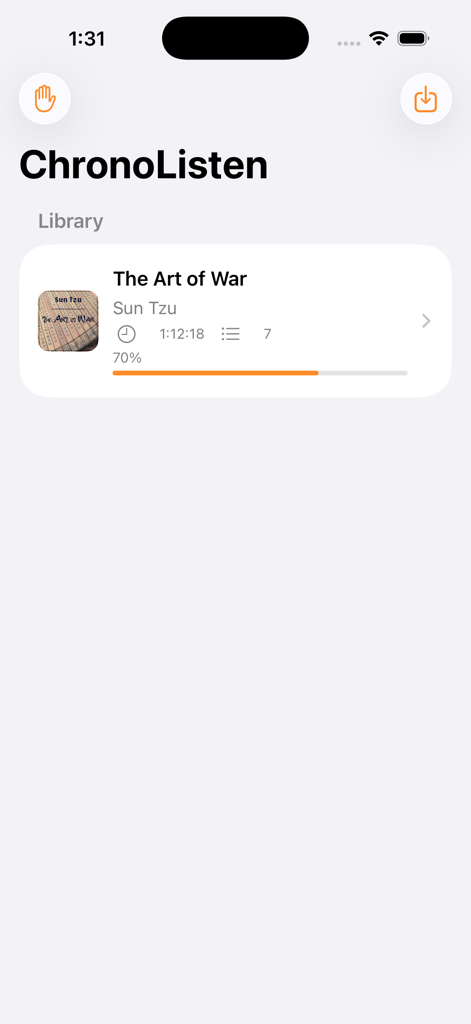 ChronoListen: Audiobook Player - ChronoListenライブラリ画面。再生進捗状況が表示されたオーディオブックのエントリが表示されています。