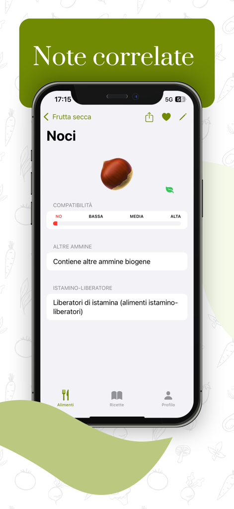 Pantalla de aplicación móvil que muestra la compatibilidad de histamina y notas nutricionales para nueces