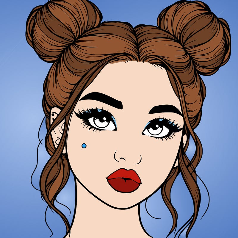 realistic girl with two buns on her hair and lips