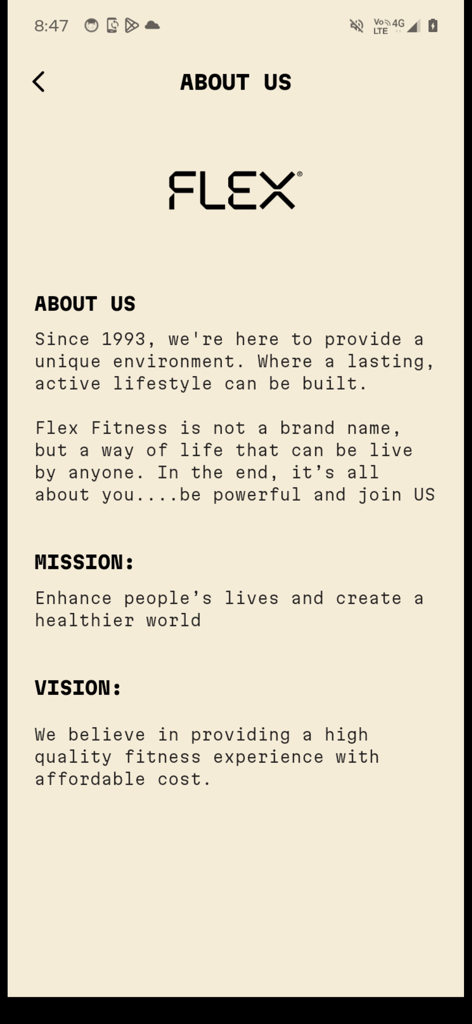 Flex Fitness - About Us screen for the Flex Fitness app showing the company mission and vision since 1993