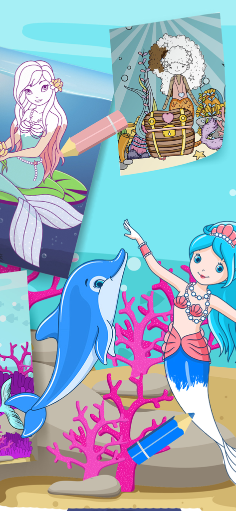 Magic Mermaid Coloring Books - Digital coloring book with mermaid and dolphin illustrations