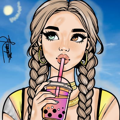 realistic girl with braided hair drinking boba