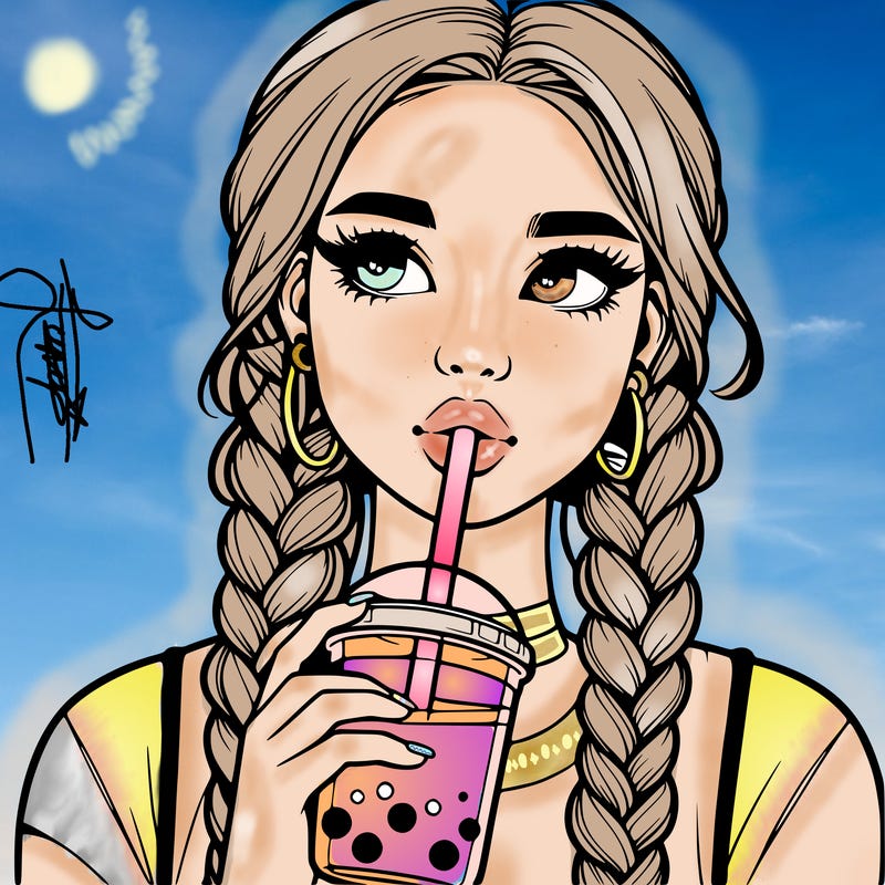 realistic girl with braided hair drinking boba