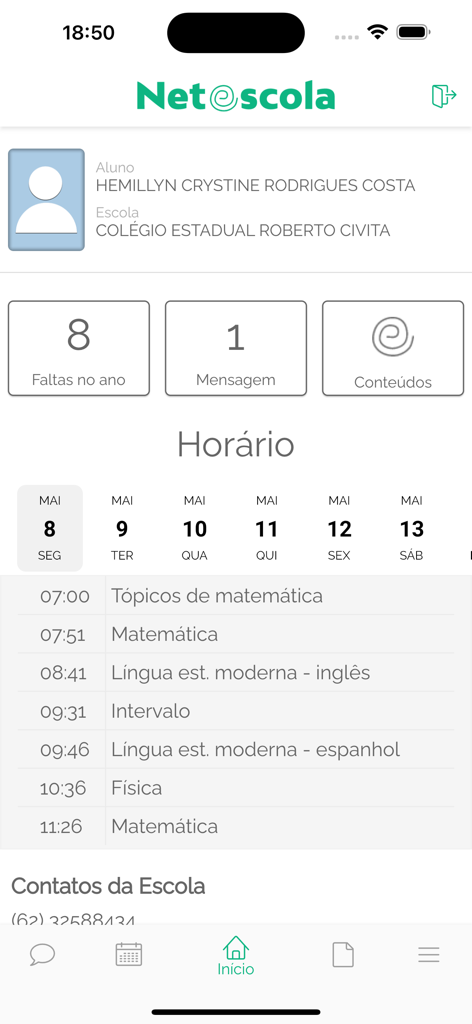 NetEscola - Die Benutzeroberfläche der NetEscola-App, die das Profil eines Studenten, Fehlzeiten, Nachrichten und den täglichen Stundenplan anzeigt.