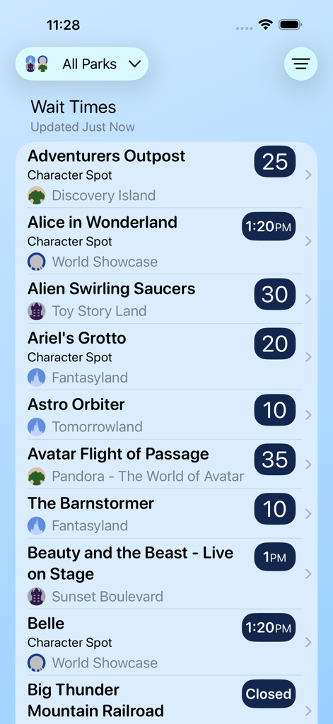 Interface do aplicativo móvel mostrando os tempos de espera atuais para atrações da Disney World como Avatar Flight of Passage e Astro Orbiter