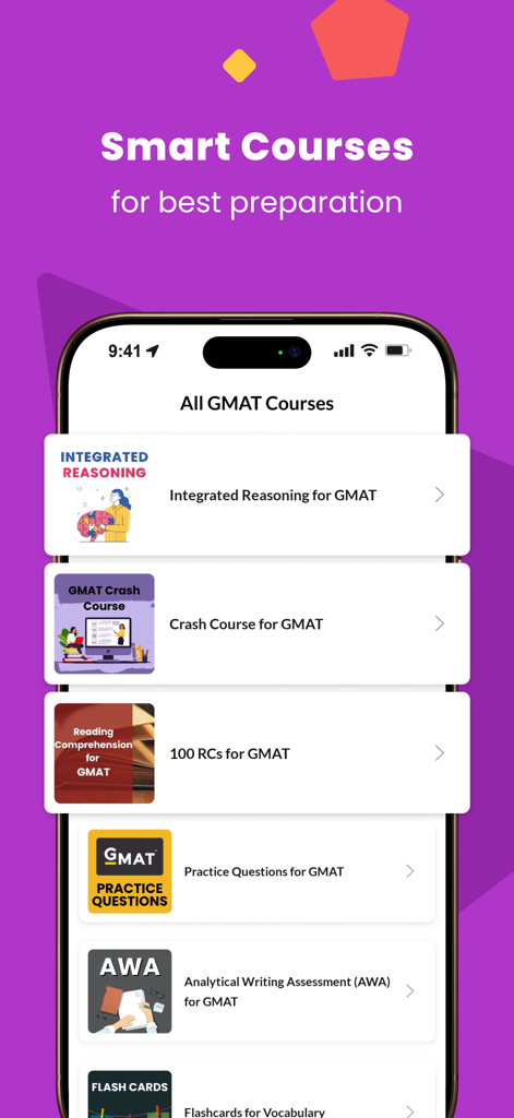 統合推論や分析ライティング評価を含む、さまざまなGMAT学習コースが表示されたモバイル画面