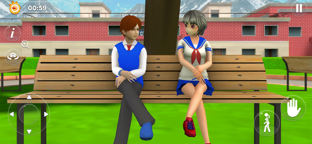 애니메이션 소년 소녀 학생들이 고등학교 시뮬레이터 게임에서 나무 벤치에 앉아 있는 모습