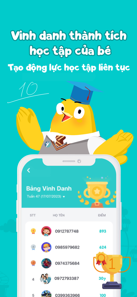 EDUPIA KID: Tiếng Anh Cho Bé - EDUPIA KIDアプリのリーダーボード画面。生徒のランキングと学業マイルストーンを表示