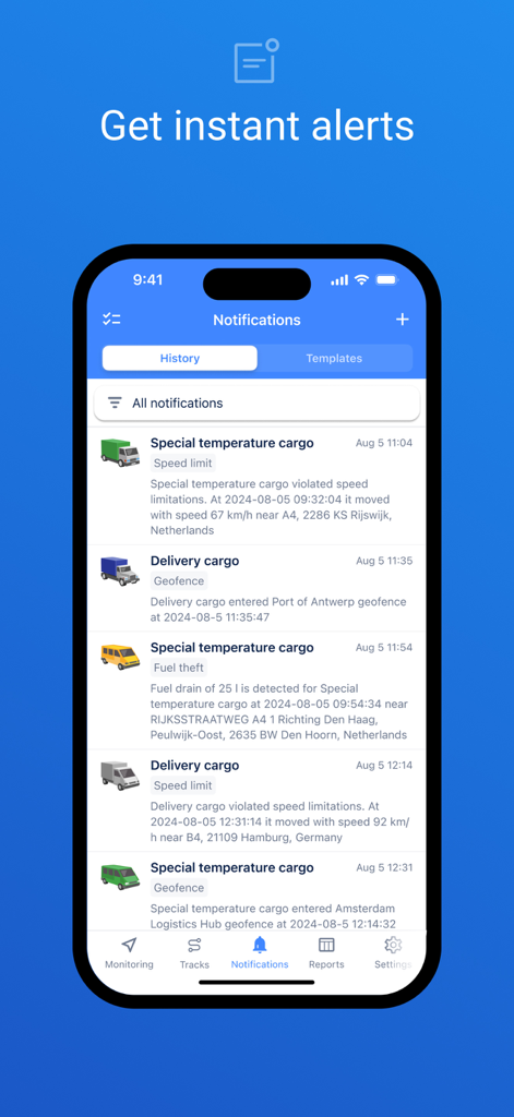Wialon mobile app notifications screen showing real-time fleet alerts for speed limits geofencing and fuel theft
